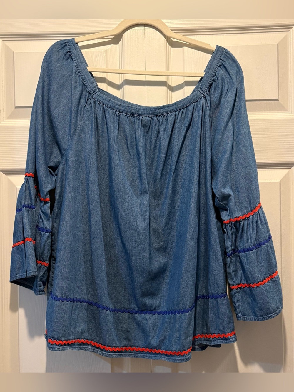 Hester & Orchard Chambray Off-Shoulder Peasant Top Boho Sleeve Detail Sz XL